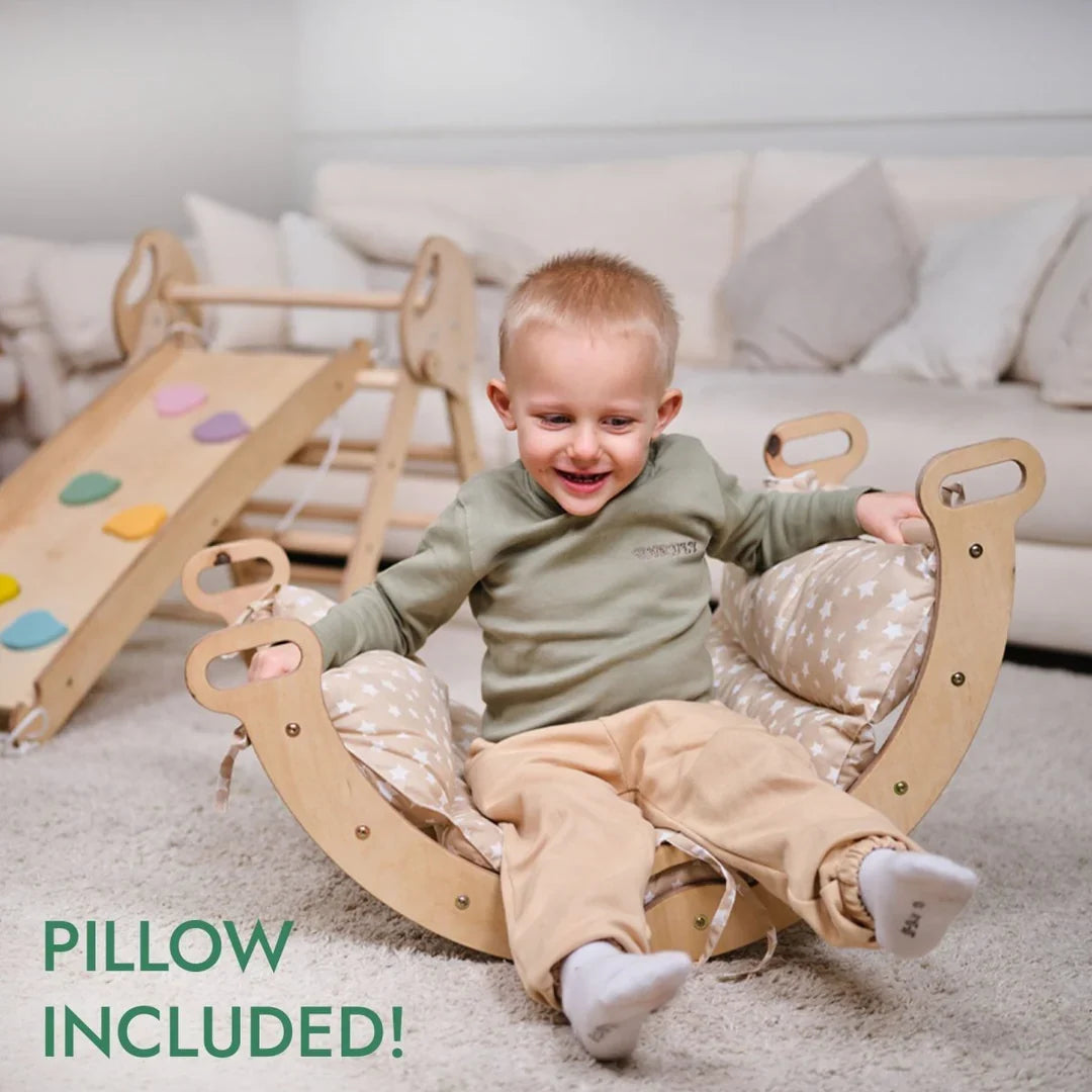 4in1 Montessori Climbing Frame: Pikler Triangle + Arch + Slide Board + Cushion for Toddlers (1–3 Years) - Ivory